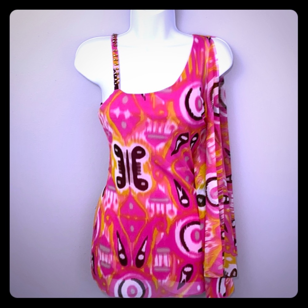 INC Ikat Hot Pink Asymmetrical Shoulder Top